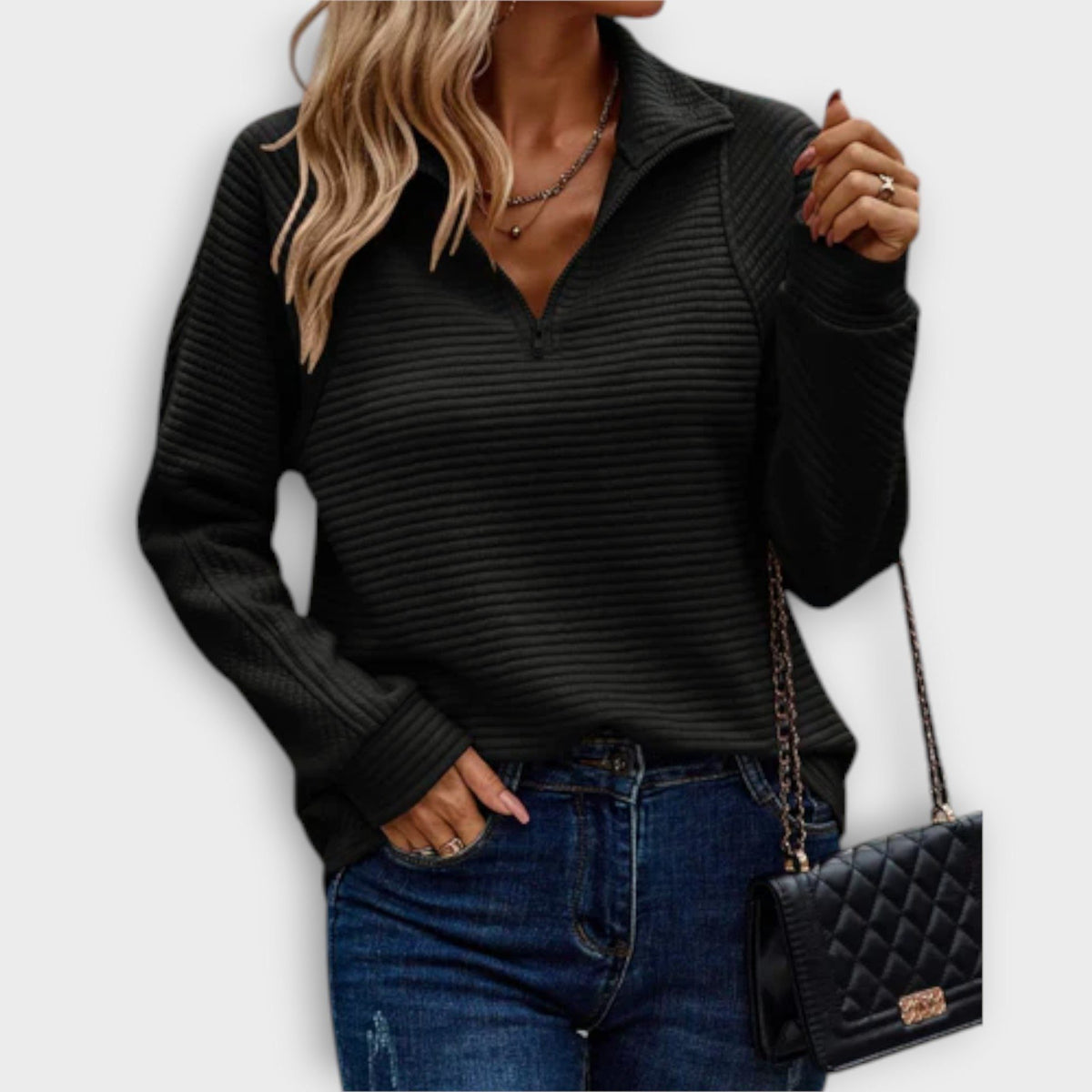 Women's Relaxed Zip V-Neck Sweater with Gathered Cuffs - Black