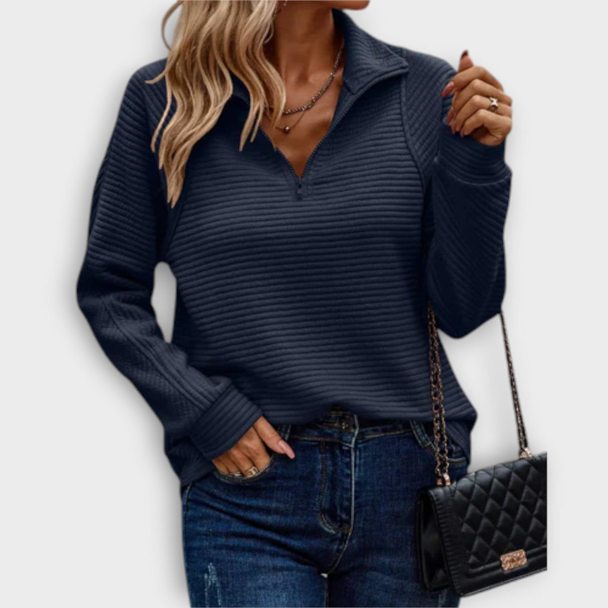 Women's Relaxed Zip V-Neck Sweater with Gathered Cuffs - Blue