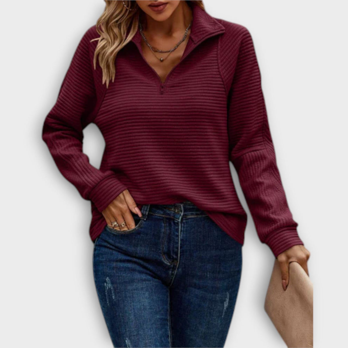 Women's Relaxed Zip V-Neck Sweater with Gathered Cuffs - Red