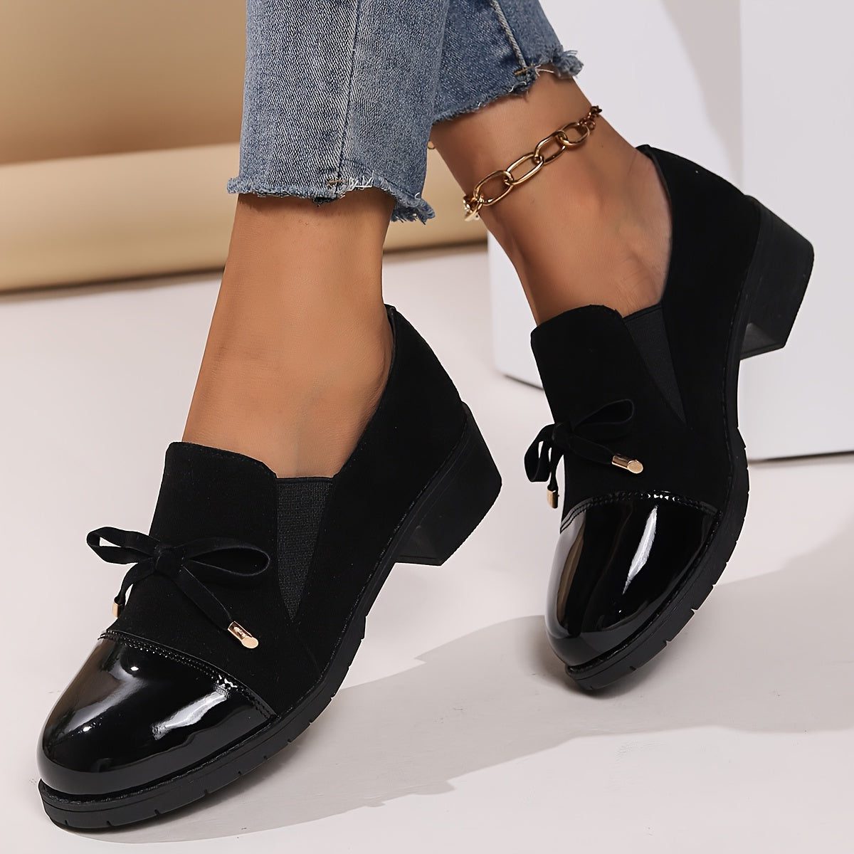 Women's Mixed Suede Patent Bow Loafers - Black