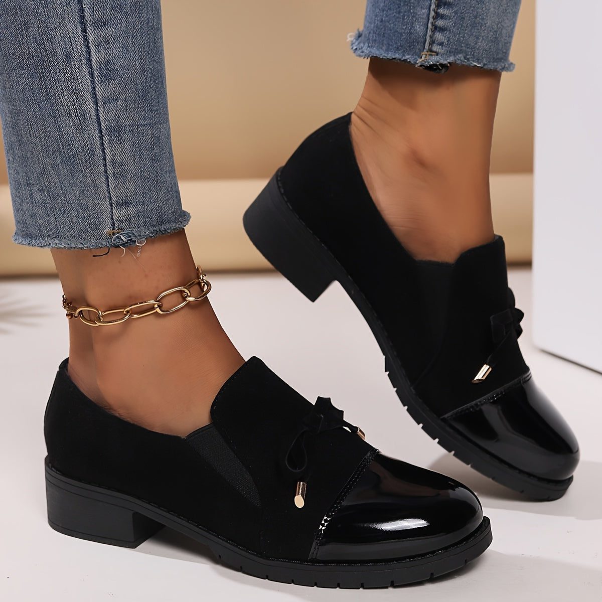 Women's Mixed Suede Patent Bow Loafers