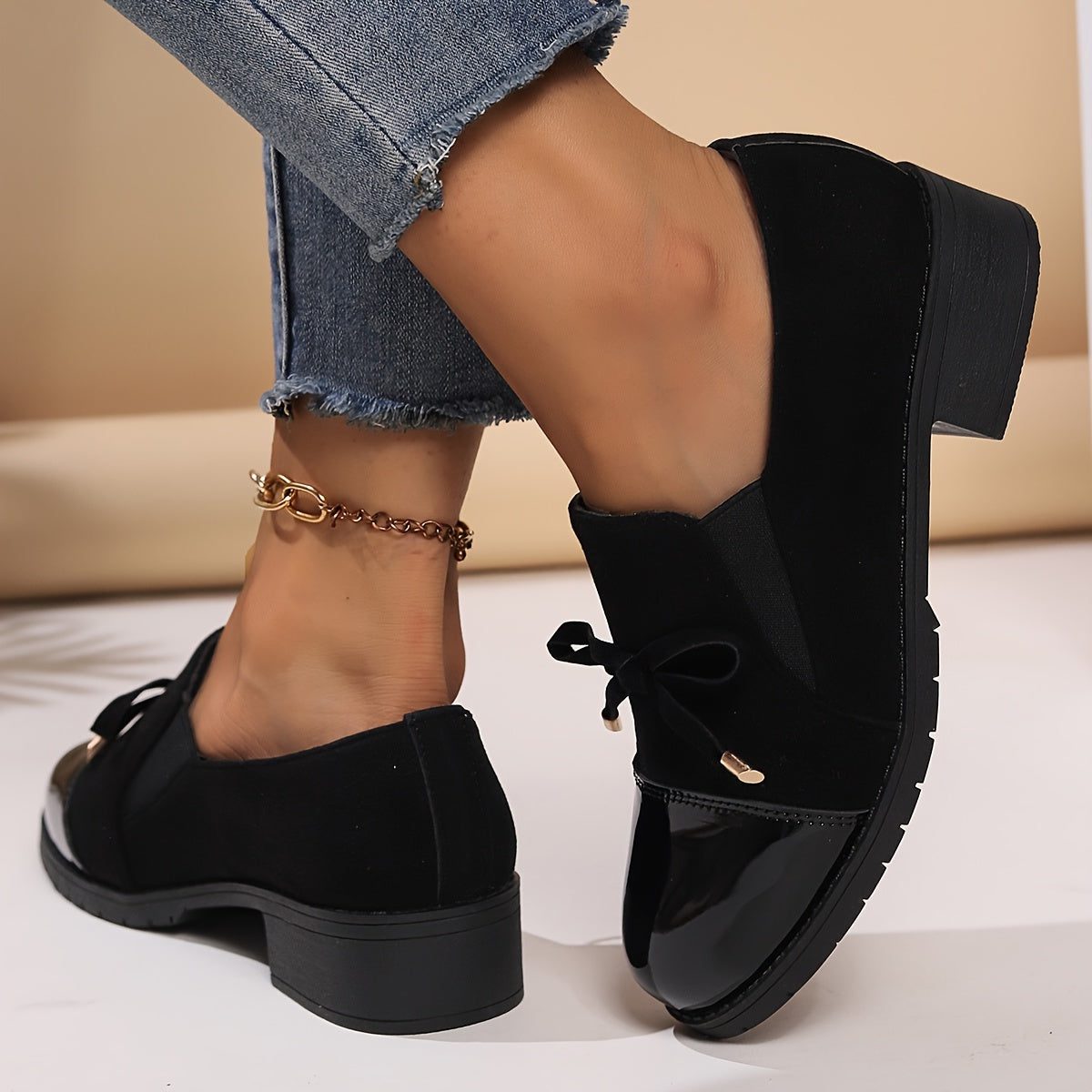 Women's Mixed Suede Patent Bow Loafers