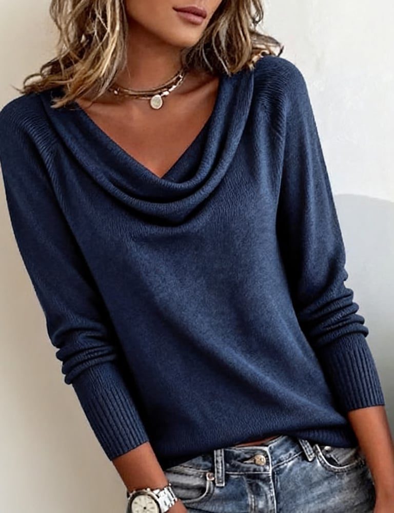 Women's Hip-Length Cowl Neck Sweater - Blue