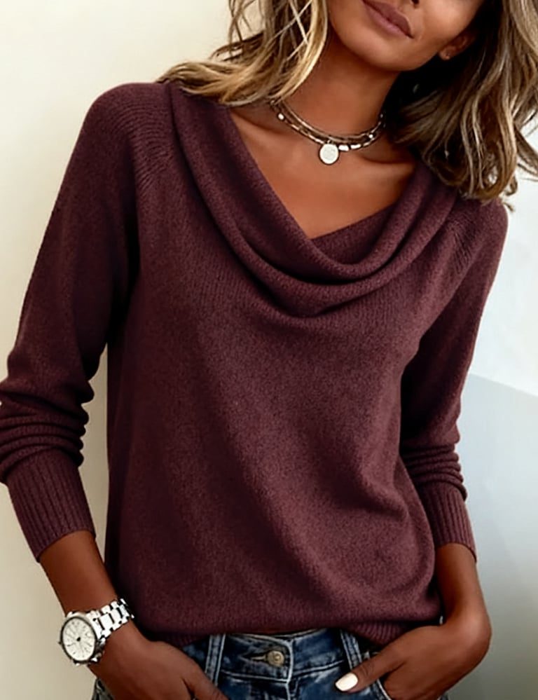 Women's Hip-Length Cowl Neck Sweater - Dark Purple