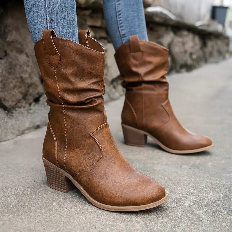 Women's Soft Suede Scrunch Boots with Stable Heel - Camel