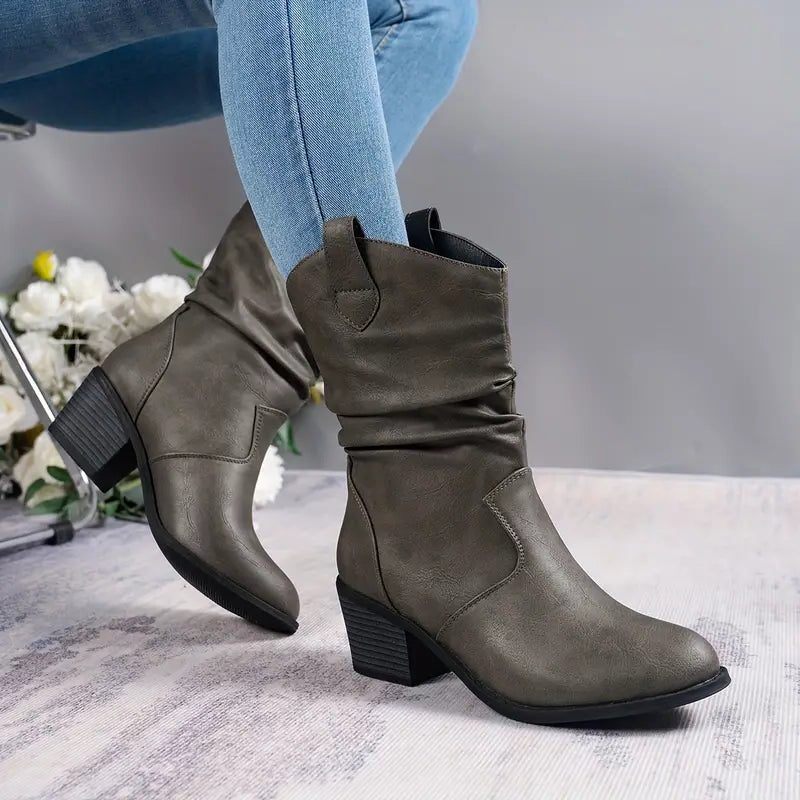 Women's Soft Suede Scrunch Boots with Stable Heel - Gray
