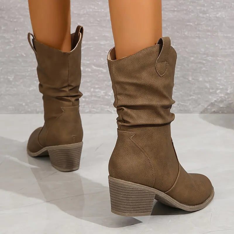 Women's Soft Suede Scrunch Boots with Stable Heel - Khaki