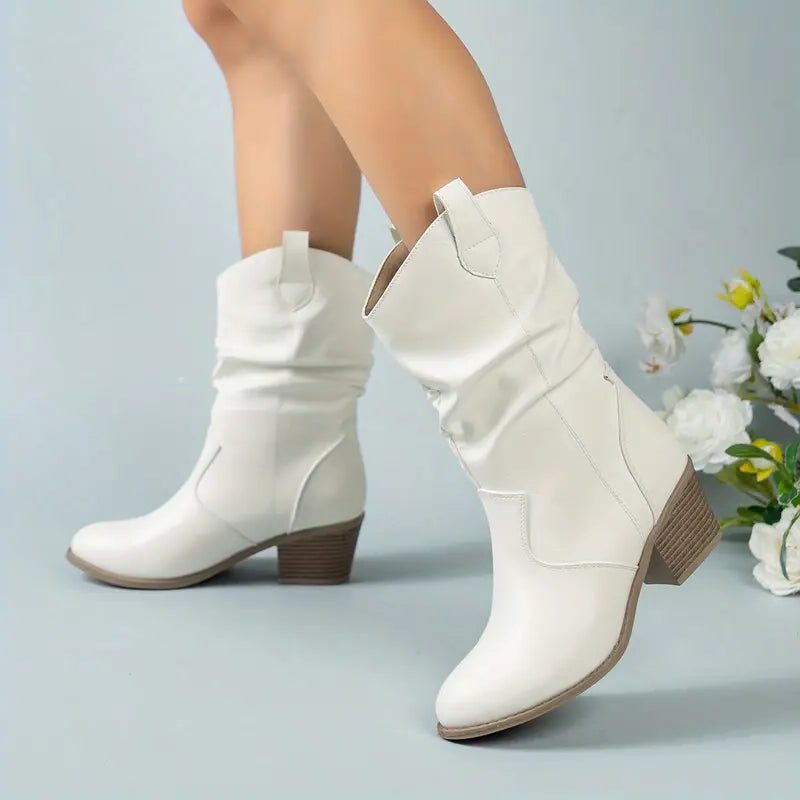 Women's Soft Suede Scrunch Boots with Stable Heel - White