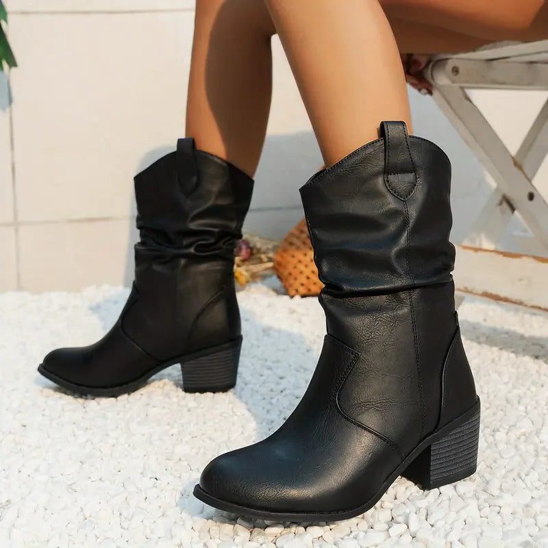 Women's Soft Suede Scrunch Boots with Stable Heel - Black
