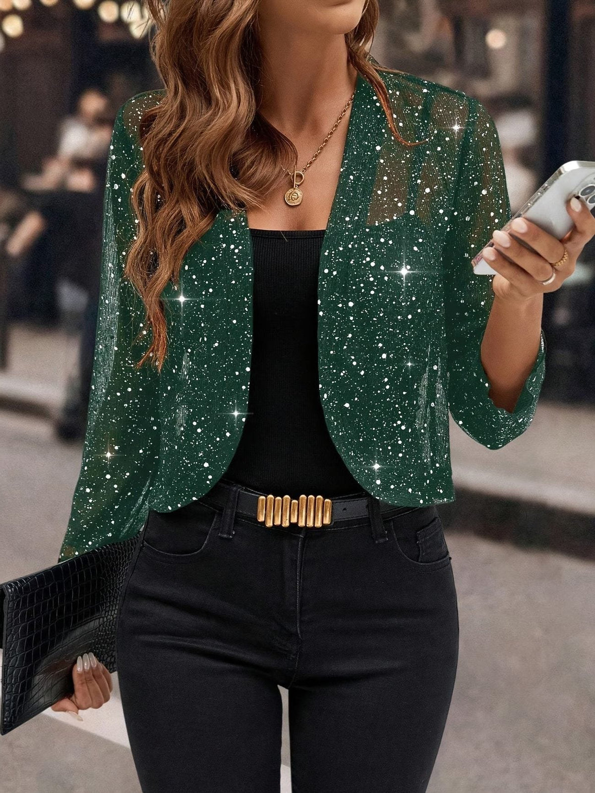Women's Shimmering Party Cardigan with Sequins - Green