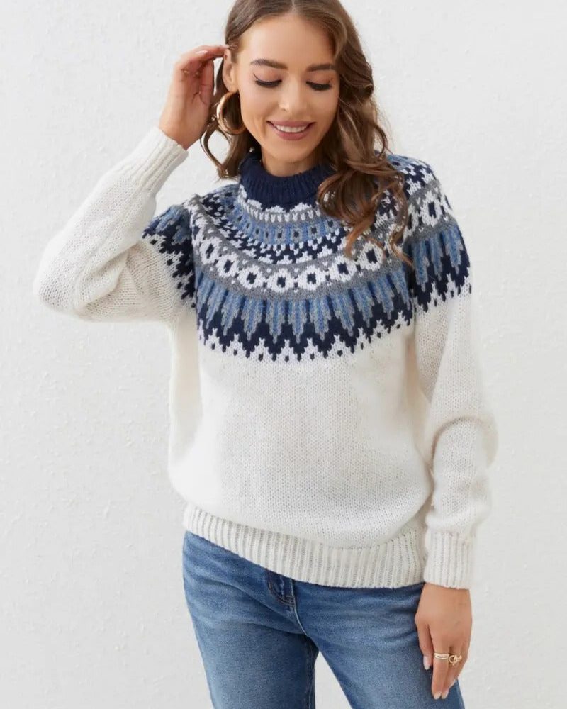 Women's Fitted Fair Isle Crew Neck Knit with Long Sleeves