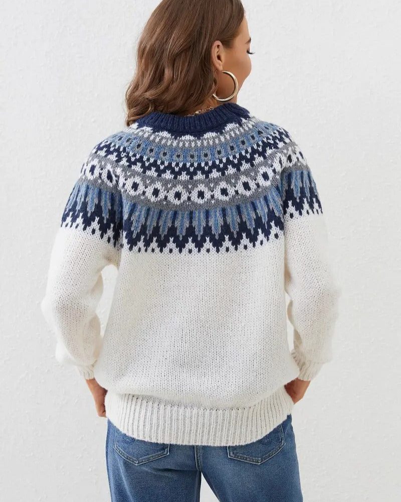 Women's Fitted Fair Isle Crew Neck Knit with Long Sleeves