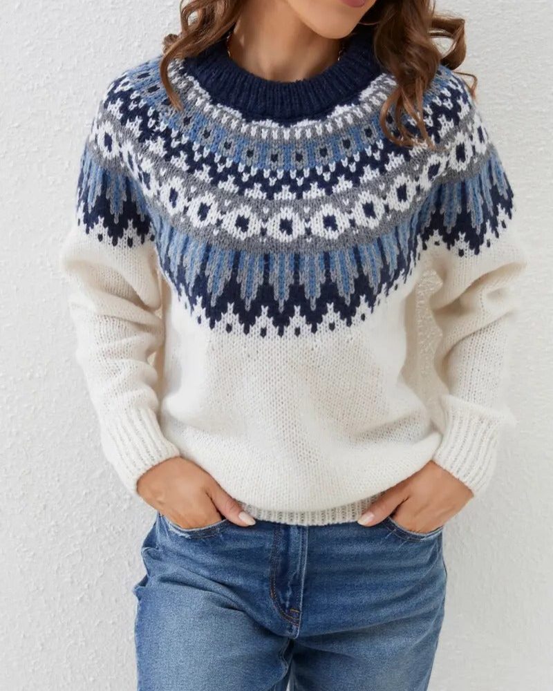 Women's Fitted Fair Isle Crew Neck Knit with Long Sleeves