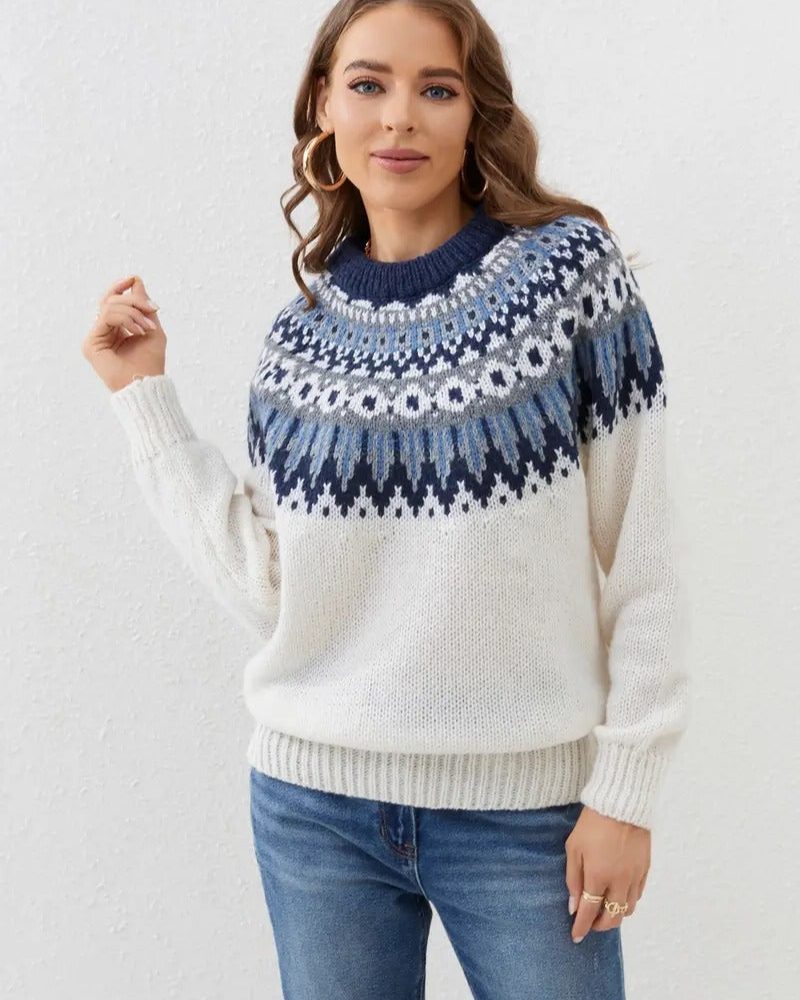Women's Fitted Fair Isle Crew Neck Knit with Long Sleeves - White