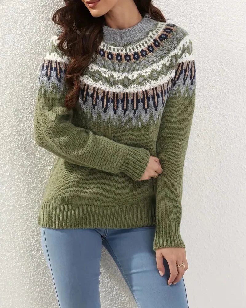 Women's Fitted Fair Isle Crew Neck Knit with Long Sleeves - Green