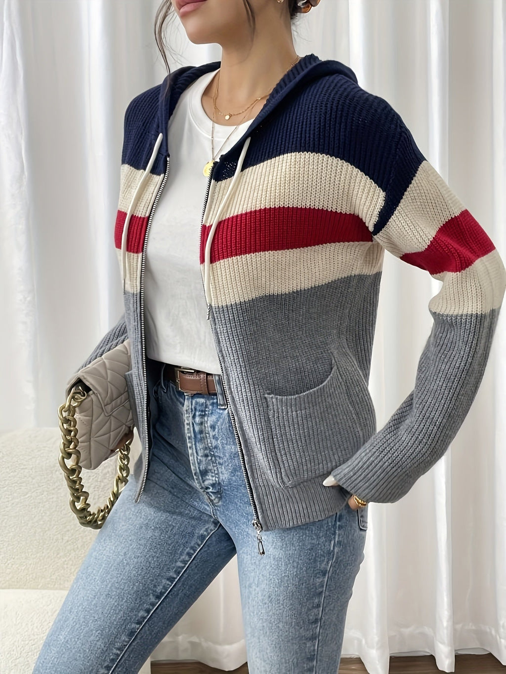 Women's Multicolor Rib Knit Hooded Zip-Up Cardigan