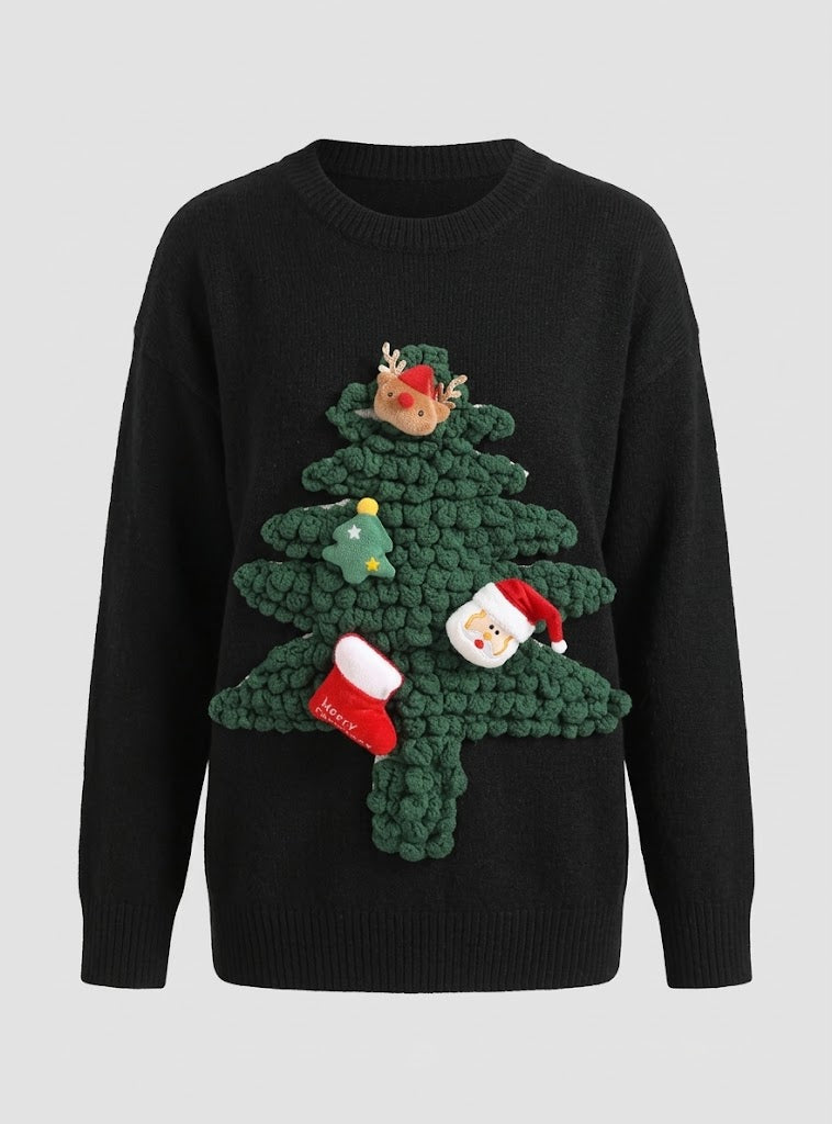 Women's Raised Tree Ornament Christmas Knit Pullover - Black