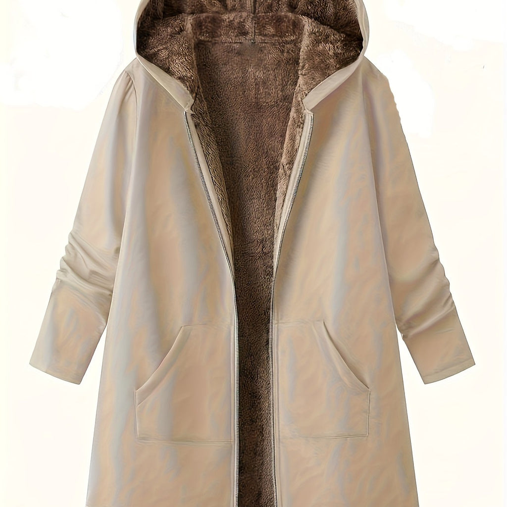 Women's Longline Hooded Winter Coat with Full-Length Zip - Khaki