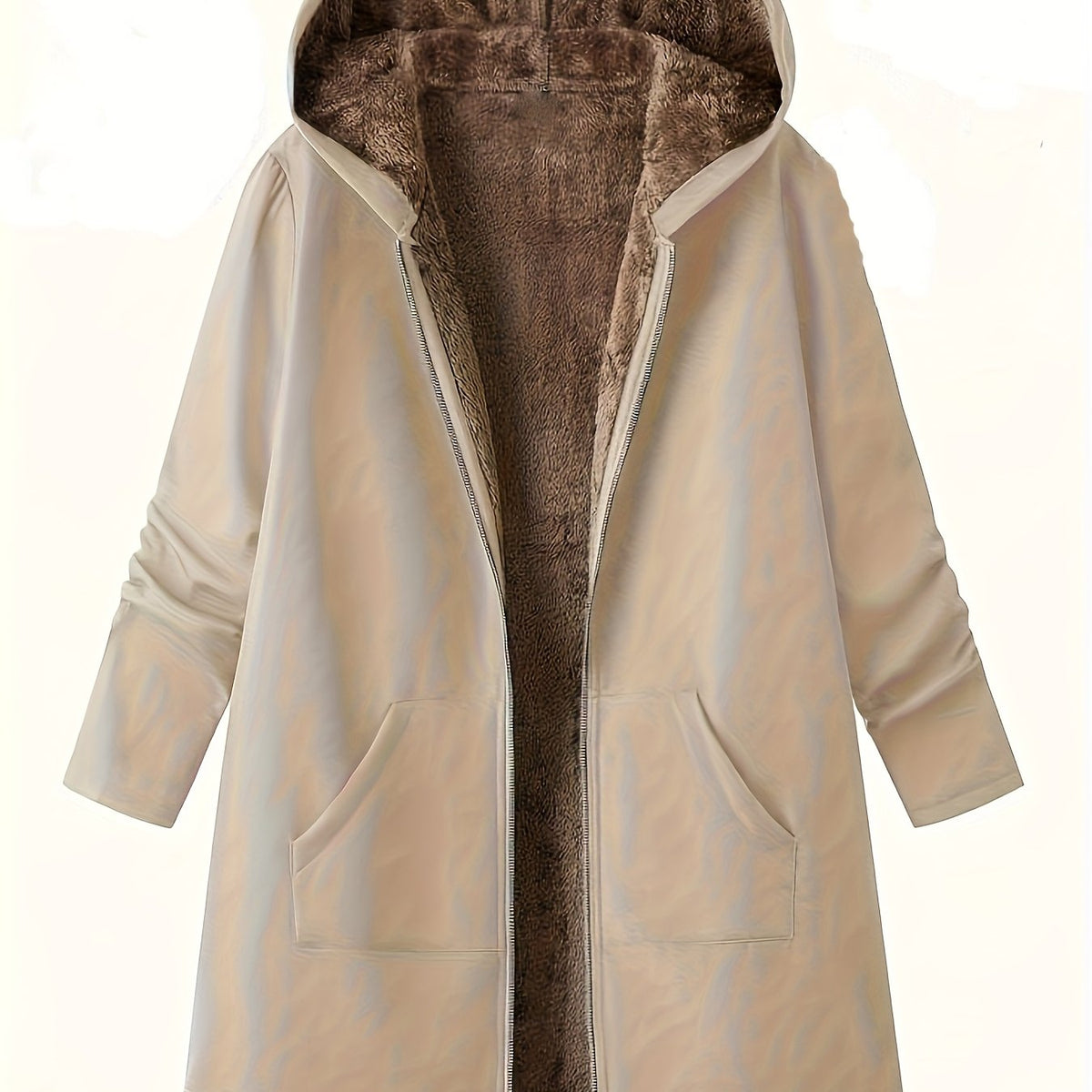 Women's Longline Hooded Winter Coat with Full-Length Zip - Khaki