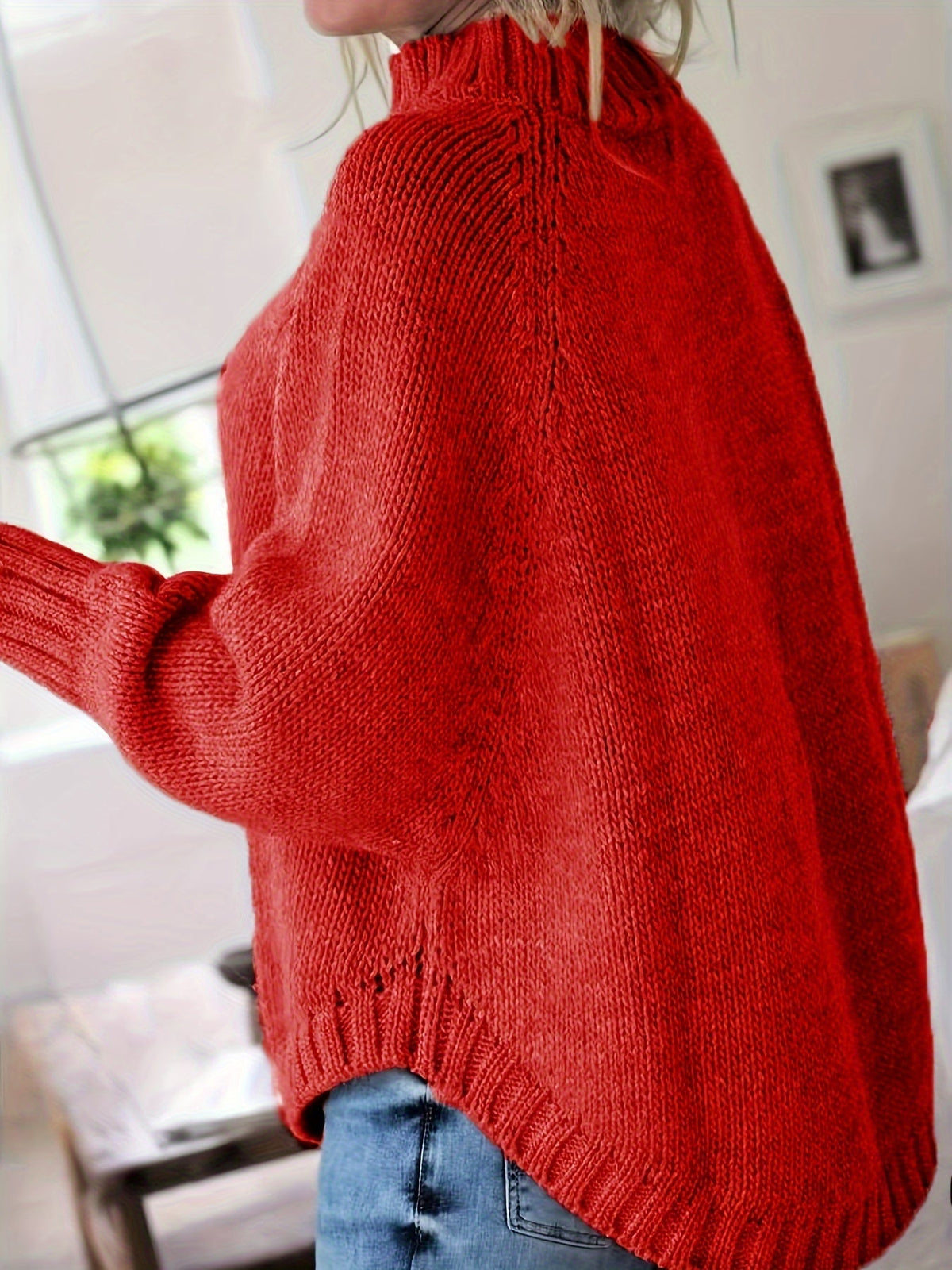 Women's Thick Textured High-Neck Sweater with Cable Detail