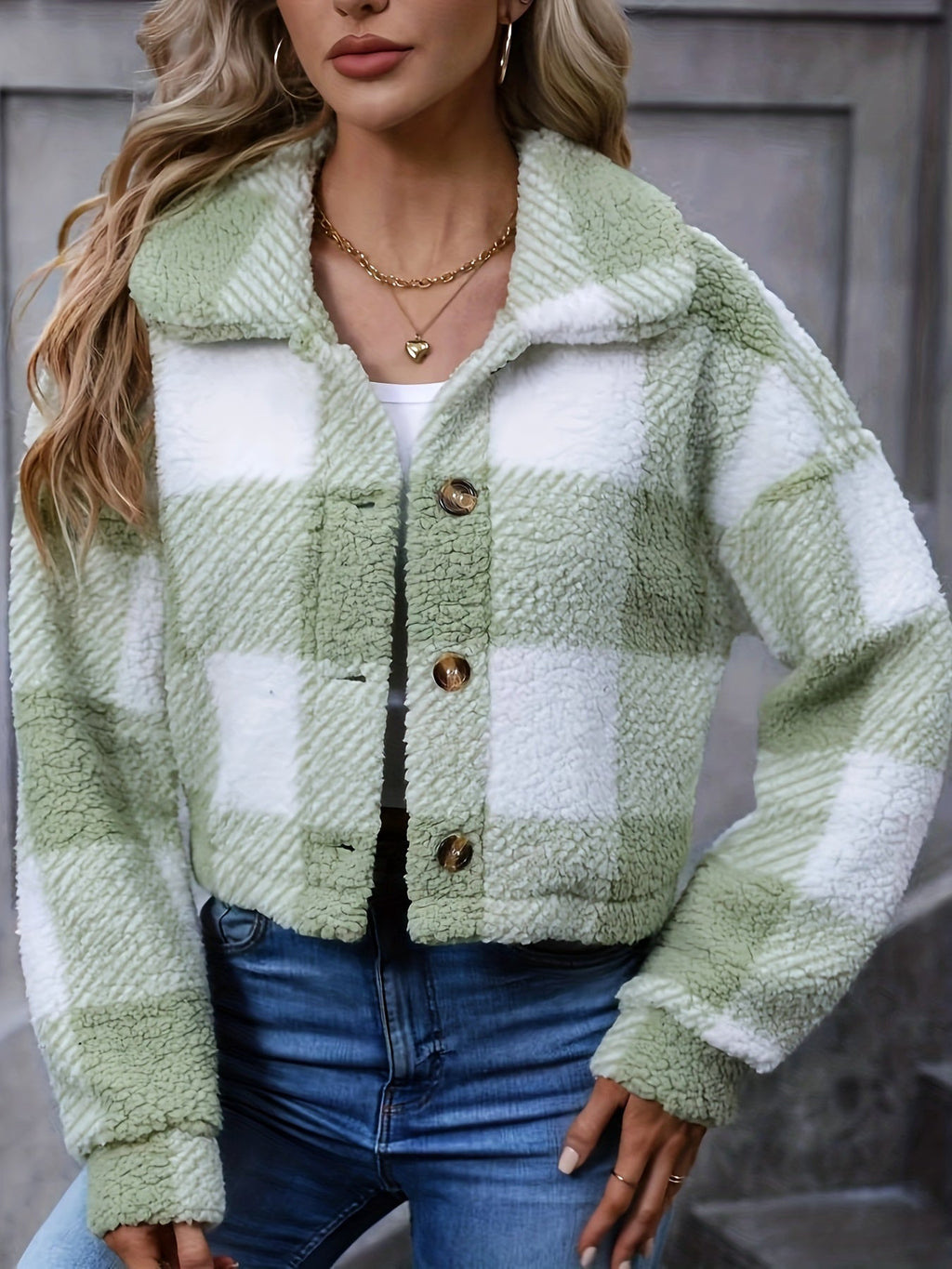 Women's Cropped Plaid Jacket with Relaxed Collar