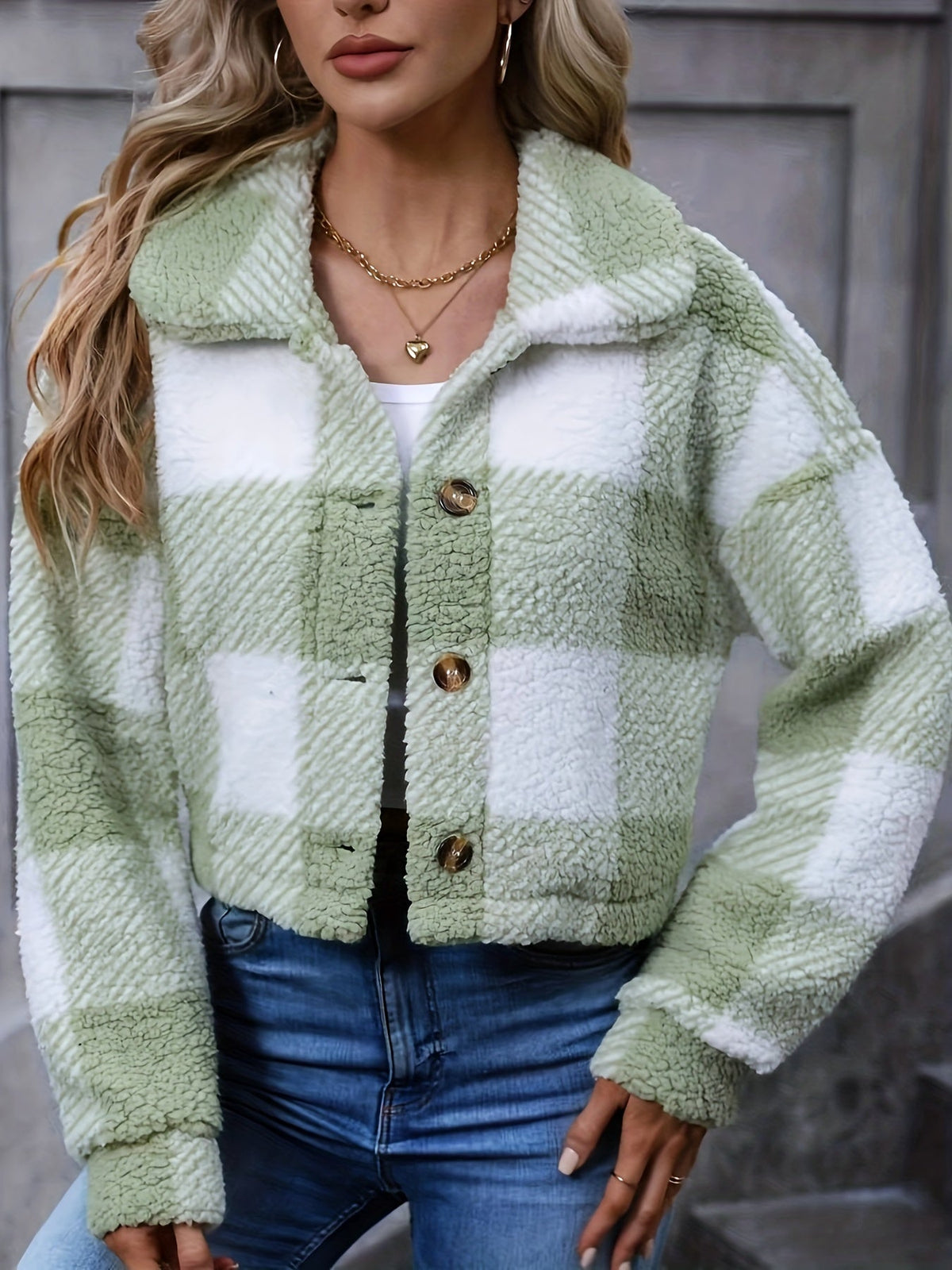 Women's Cropped Plaid Jacket with Relaxed Collar
