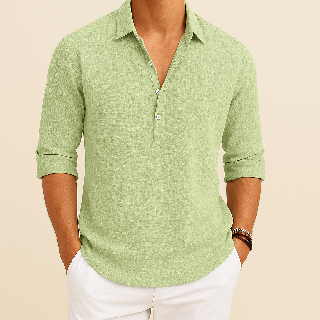 Men's Long Sleeve Polo Shirt Relaxed Fit Button Neck