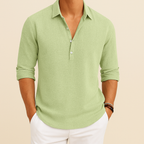 Men's Long Sleeve Polo Shirt Relaxed Fit Button Neck