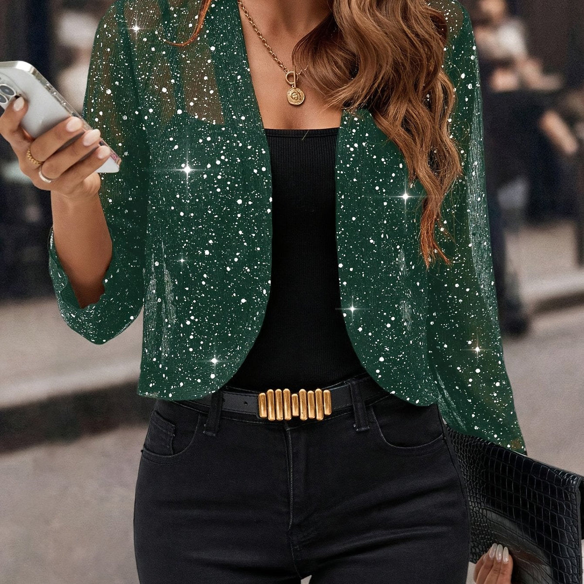 Women's Metallic Knit Open-Front Short Jacket - Green