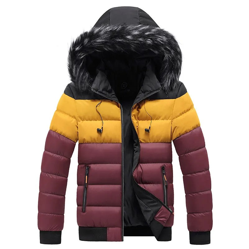 Men's Winter Down Jacket With Fur-Trim Hood and Zip Pockets - Wine Red