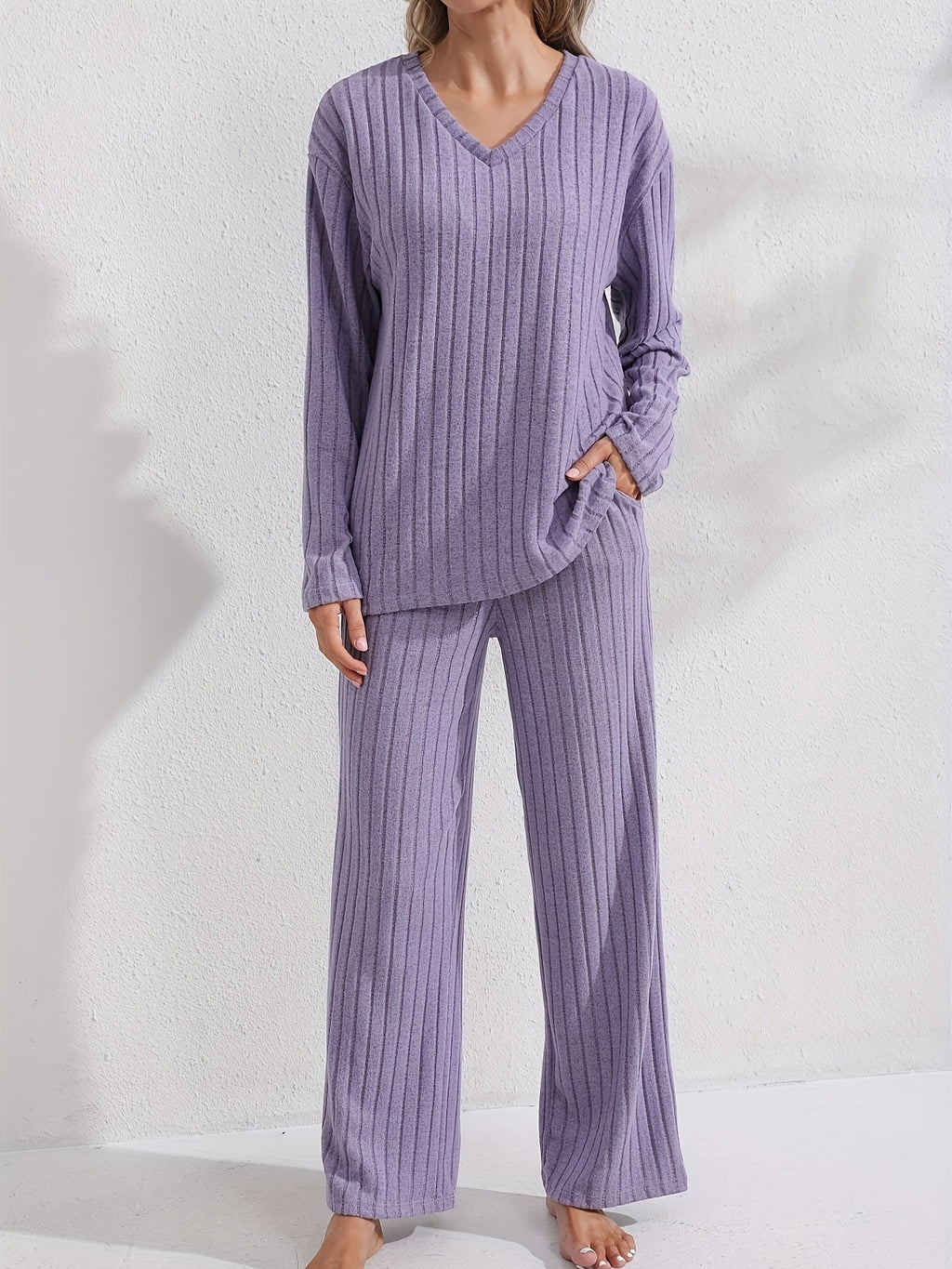 Women's Purple Ribbed Top and Loose Pants Stay-In Set