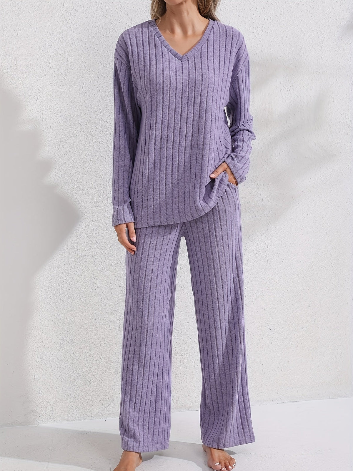 Women's Purple Ribbed Top and Loose Pants Stay-In Set