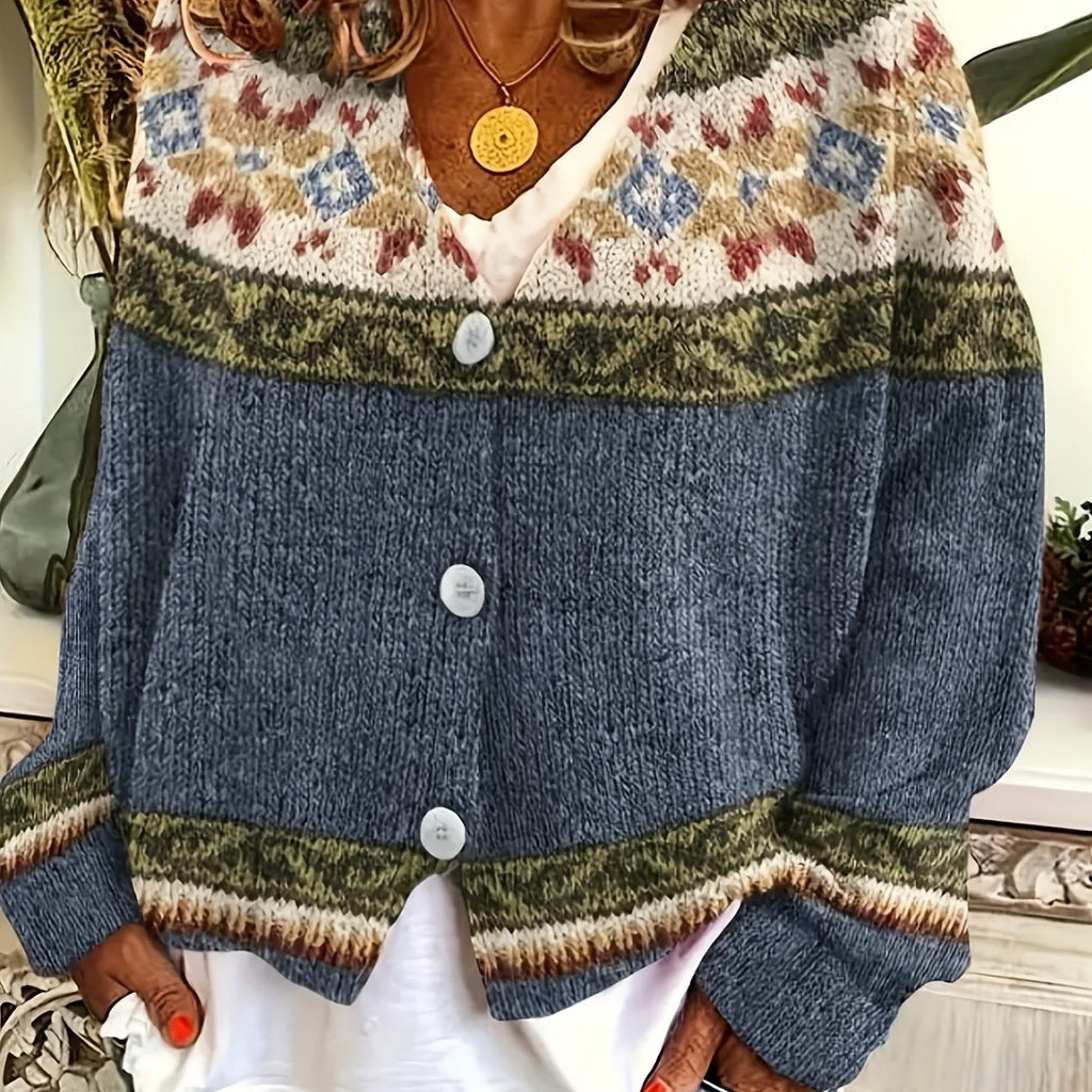 Women's Button-Up Cardigan with Retro Geometric Yoke - Navy & Cream