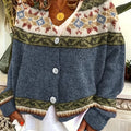 Women's Button-Up Cardigan with Retro Geometric Yoke - Navy & Cream