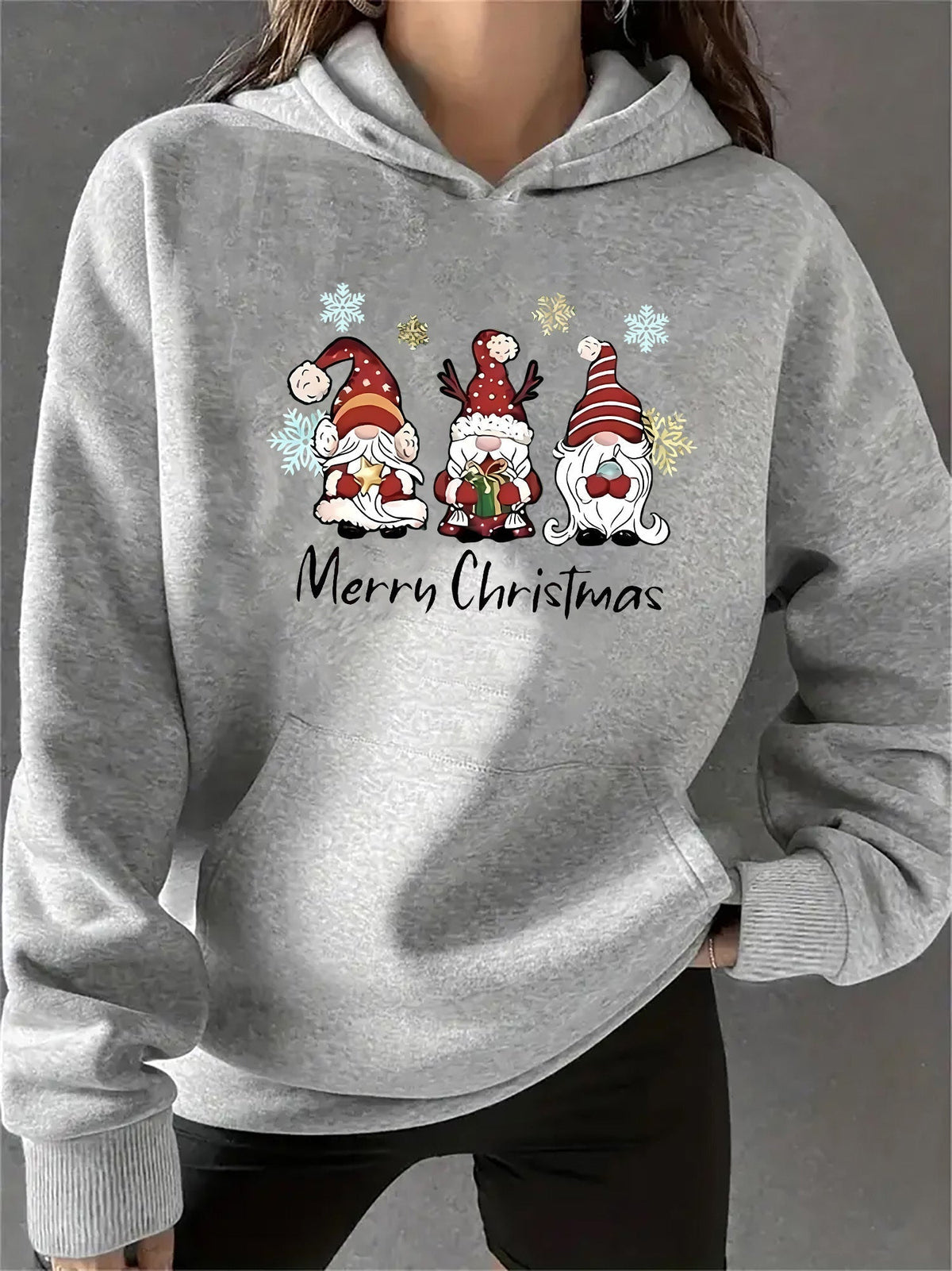 Women's Relaxed Cotton Blend Holiday Sweater with Gnome Motif - Gray