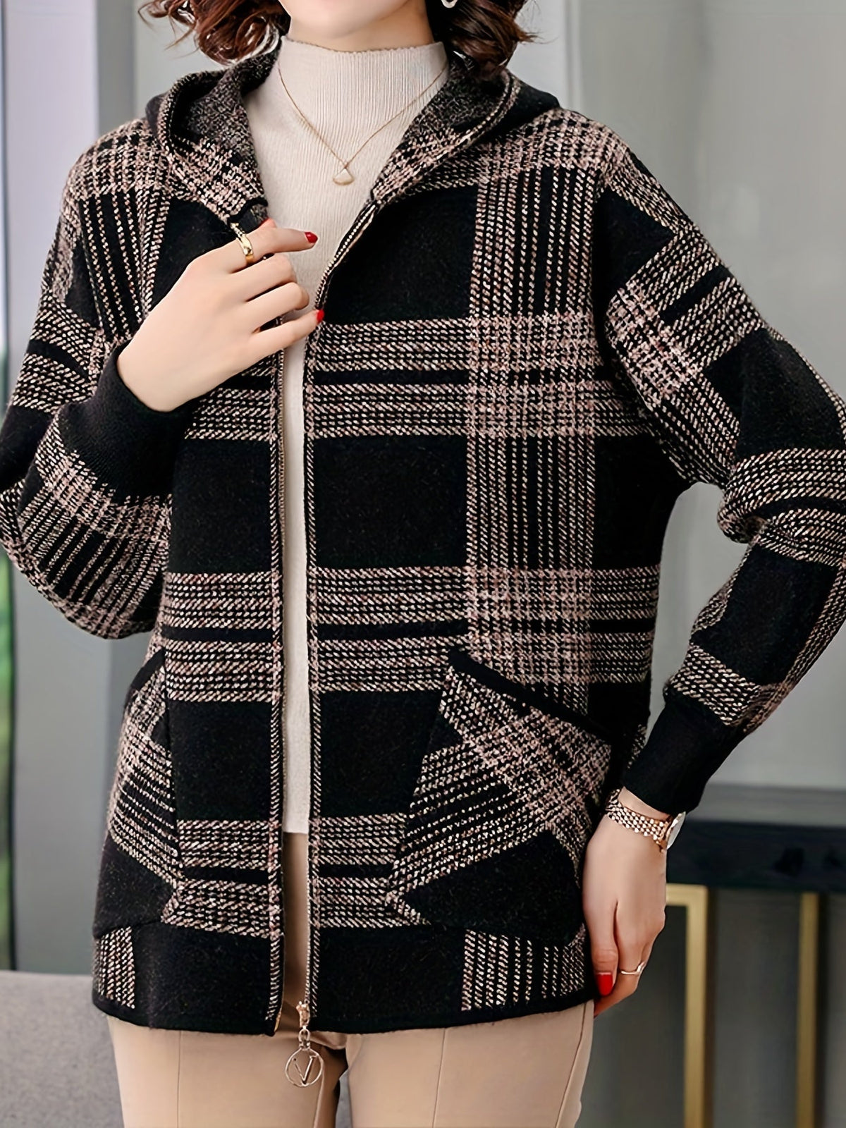Women's Relaxed Checked Hoodie Jacket with Full Zipper