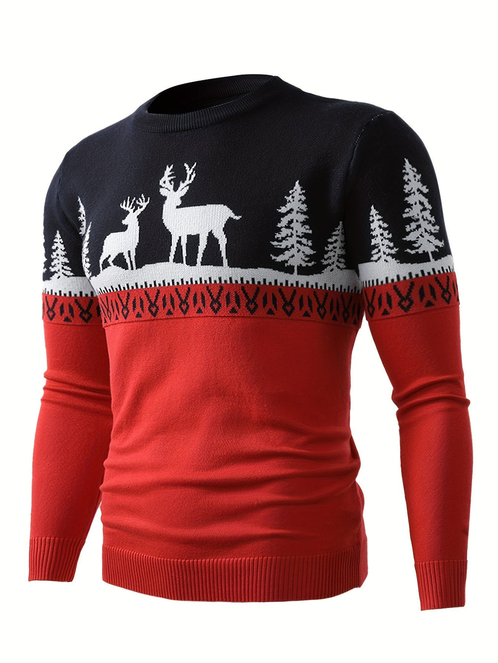 Women's Red Holiday Sweater with Reindeer and Pines
