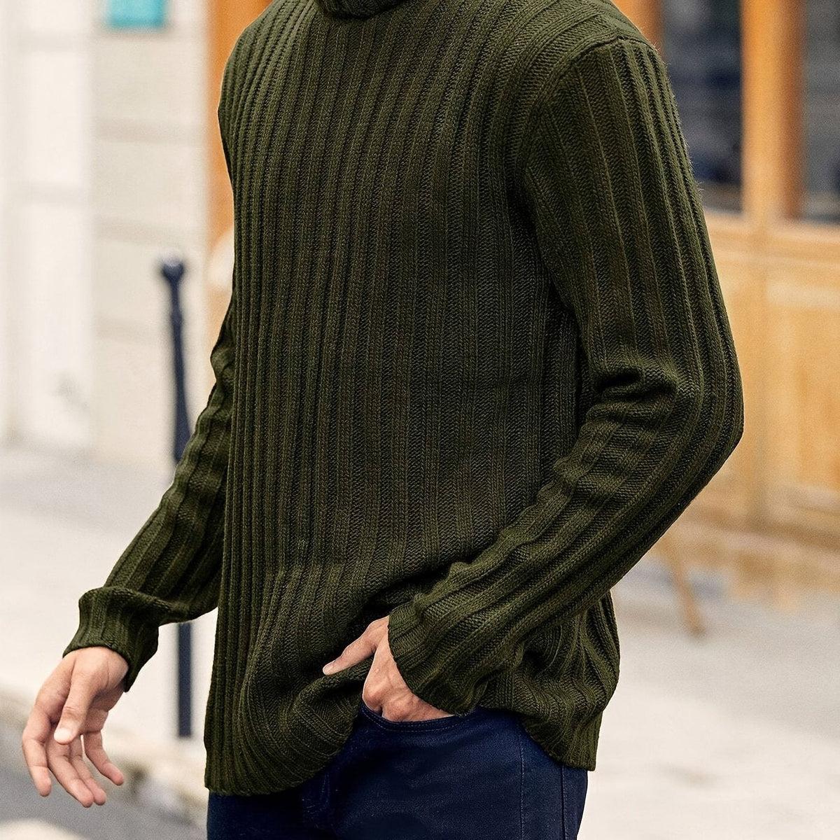 Women's High Neck Rib Texture Easy Fit Knit Pullover - Green