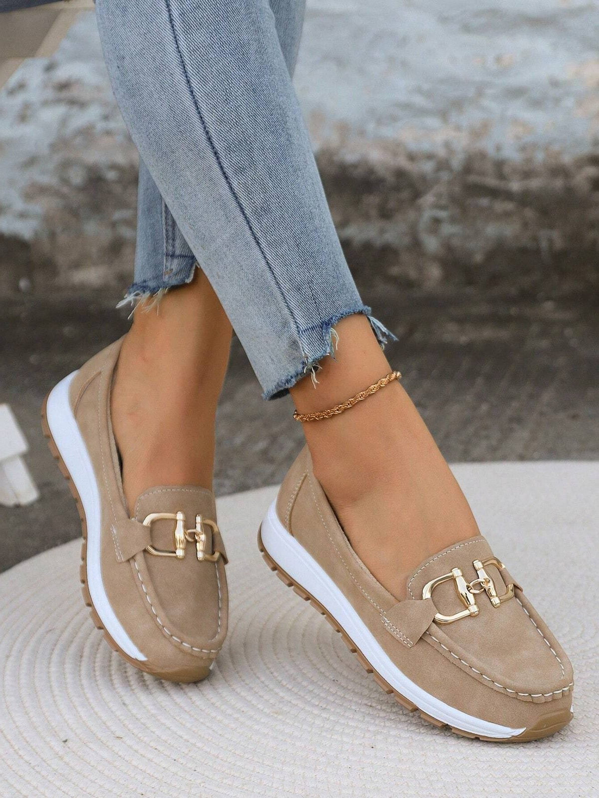 Women's Contrast Sole Chunky Loafers with Metal Bar - Khaki