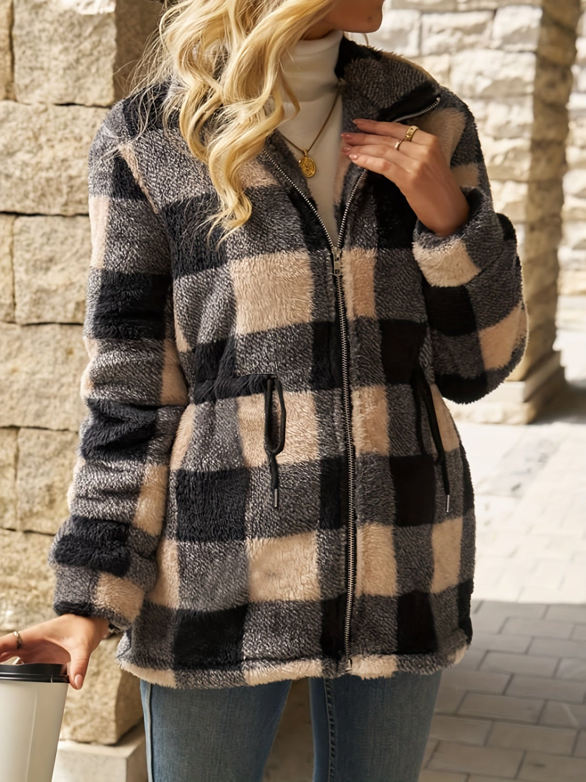 Women's Soft Plush Zip-Up Hooded Plaid Jacket