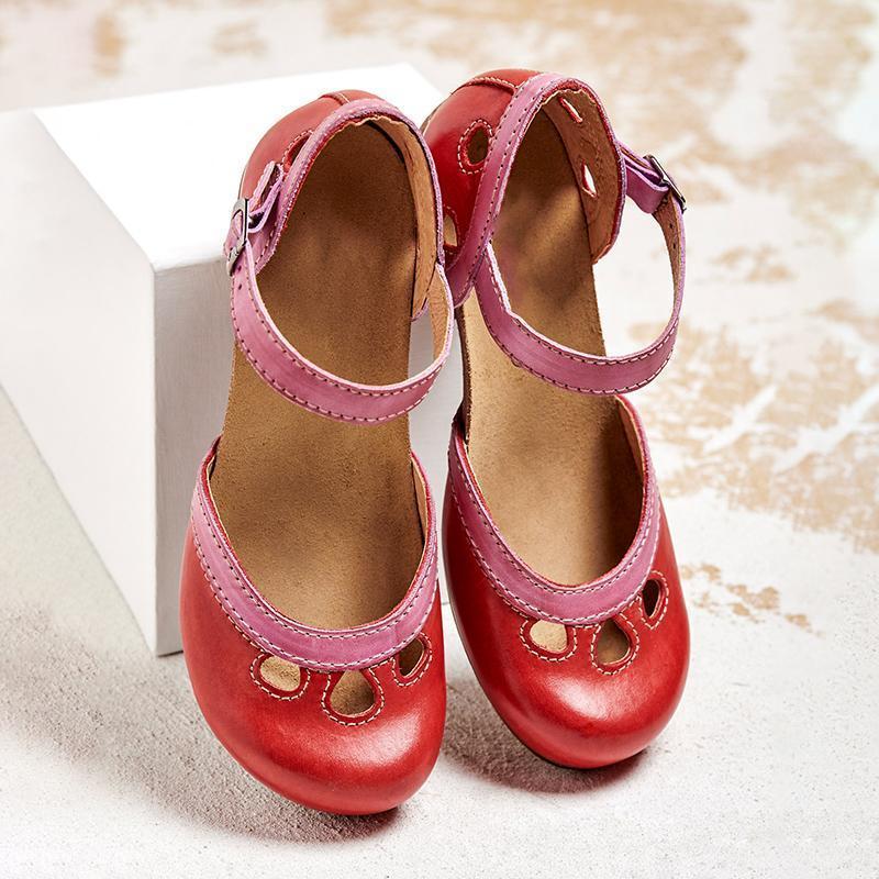 Women's Contrast-Panel Ankle Strap Flats with Cutout Details - Red