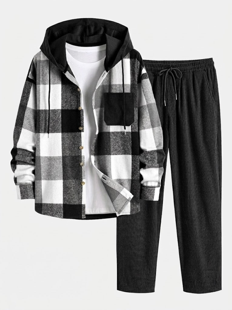 Men's Hooded Flannel Shirt and Corduroy Trouser Set Relaxed