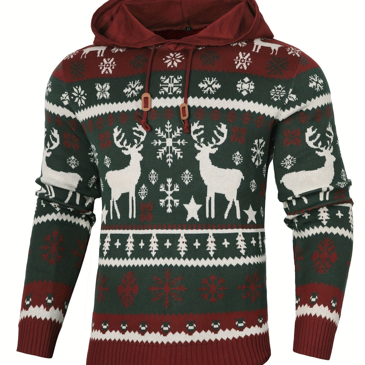 Women's Holiday Knit Hoodie Sweater with Reindeer Pattern - Green Reindeer