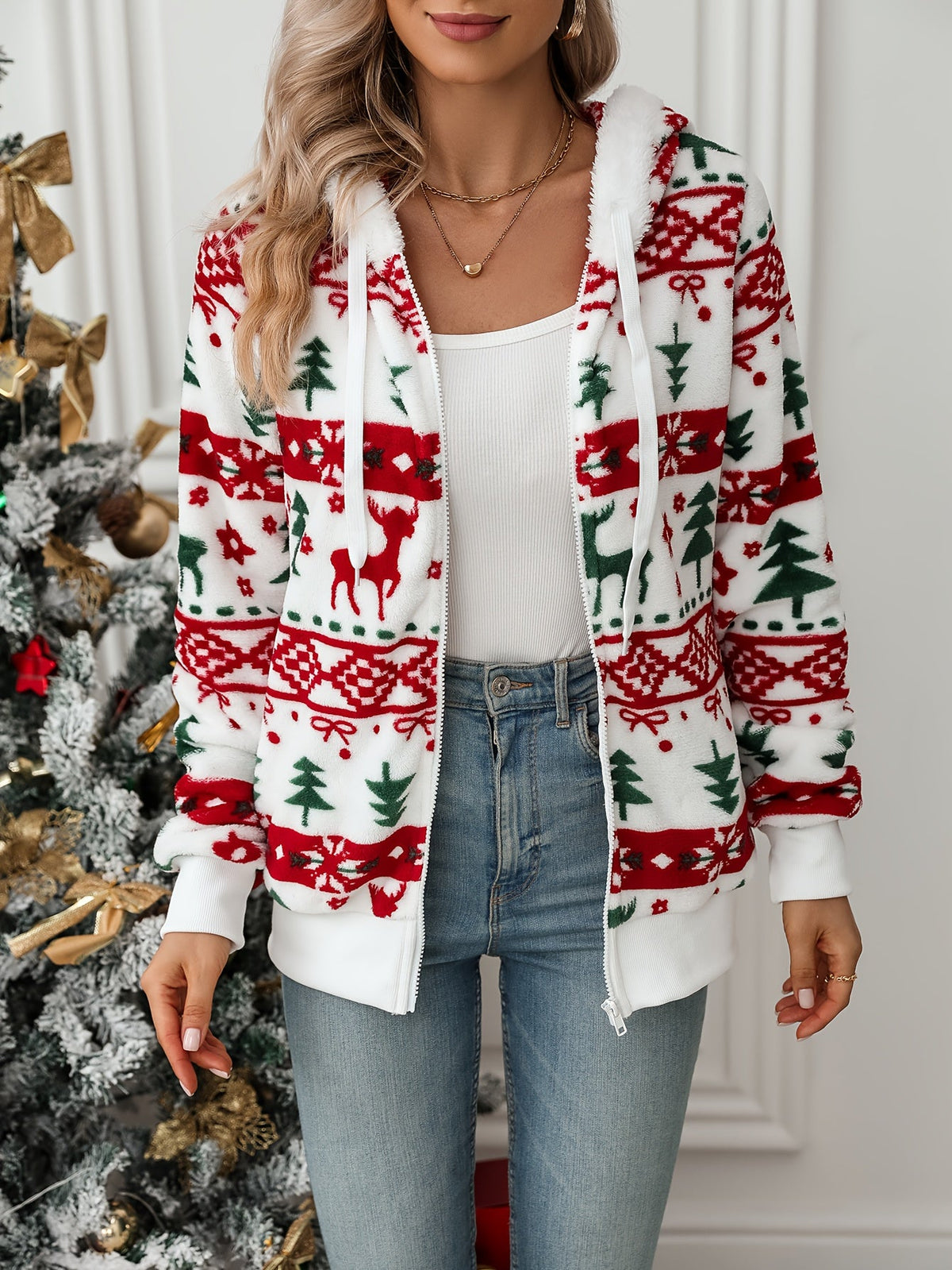Women's Holiday Pattern Soft Hoodie Cardigan for Cozy Nights