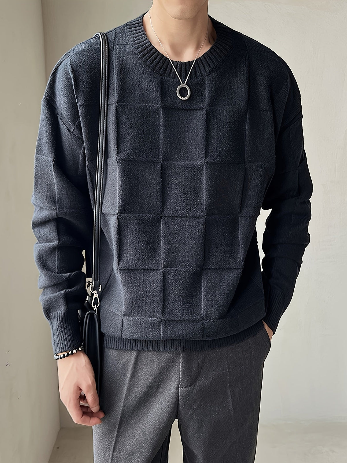 Women's Raised Grid Texture Crewneck Knit Sweater