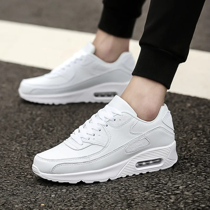 Men's White Leather Trainers Cushioned Sole Everyday Street Sneakers