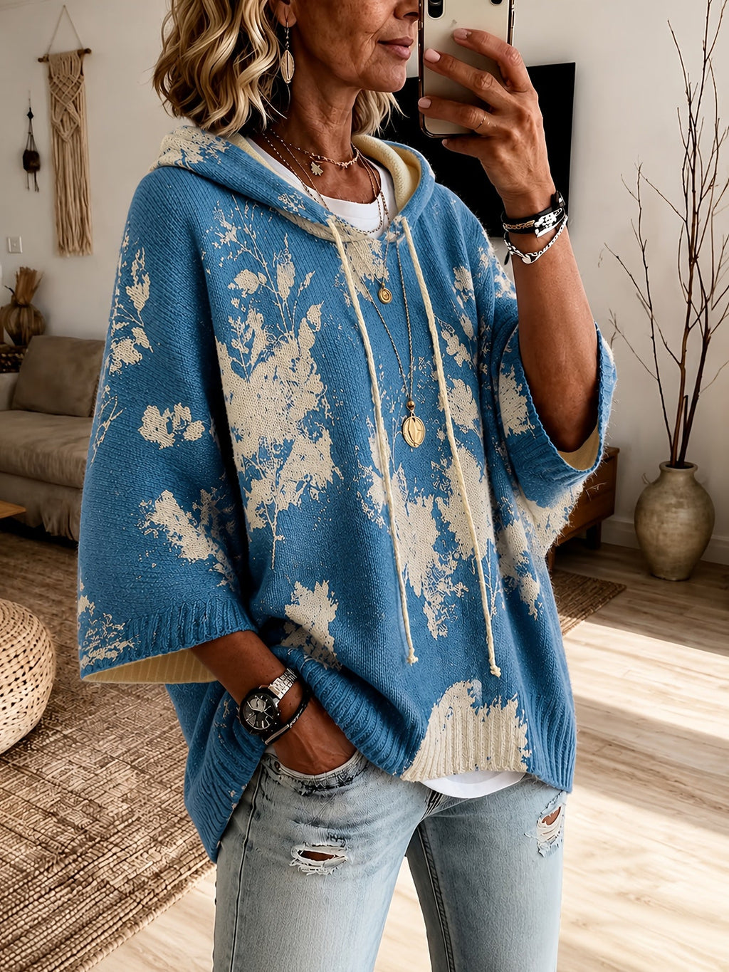 Women's Drawstring Hood Floral Knit Poncho Sweater