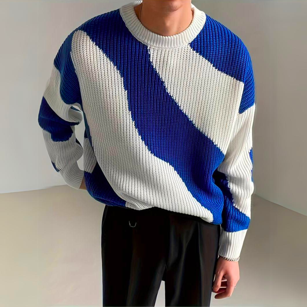 Men's Luxury Knitted Jumper with Colour Block Wave Pattern