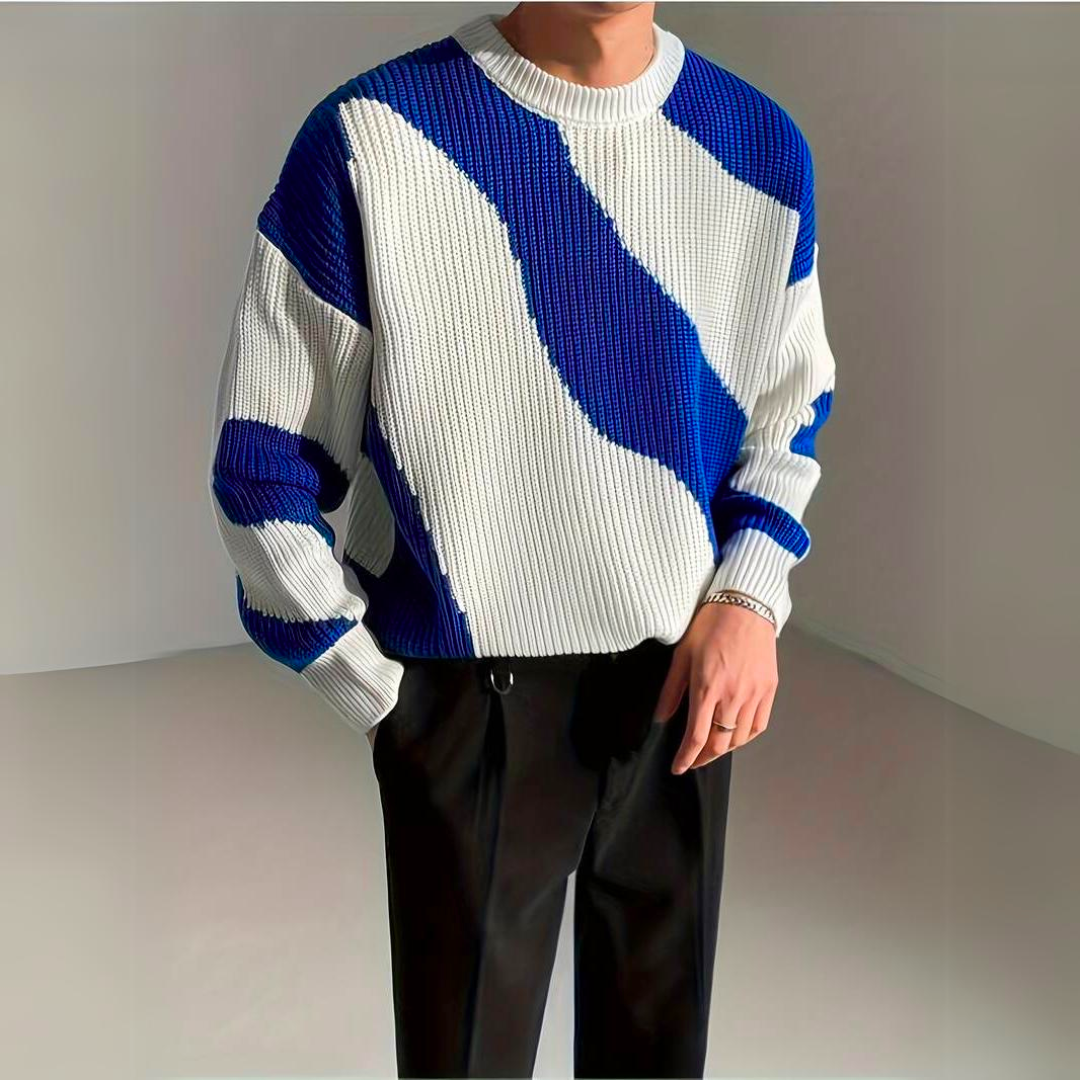 Men's Luxury Knitted Jumper with Colour Block Wave Pattern