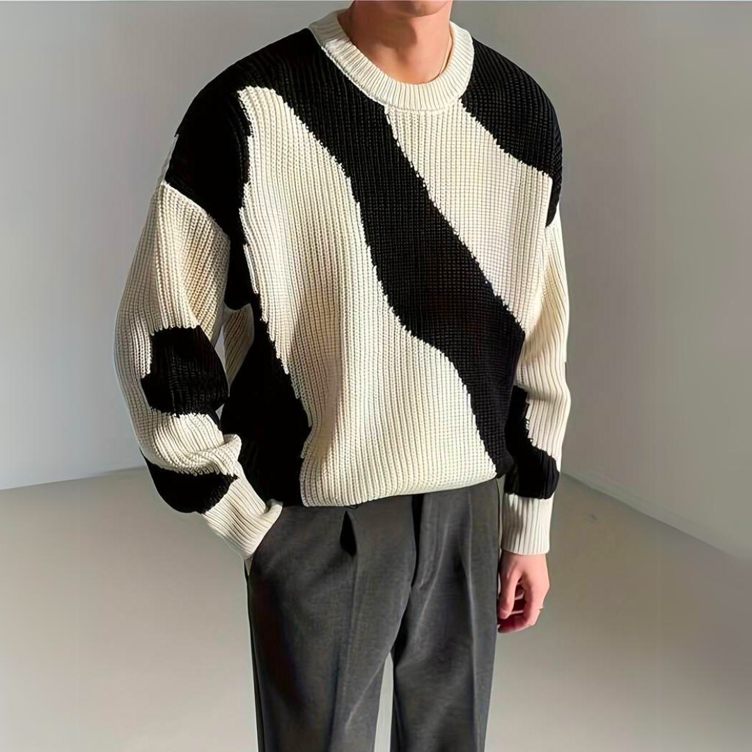 Men's Luxury Knitted Jumper with Colour Block Wave Pattern